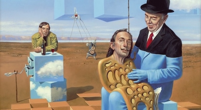 A surreal painting featuring a faceless man being sculpted by a figure in a bowler hat, while another man observes from a distance. The background shows a desert landscape with floating blue shapes and a surrealistic atmosphere.