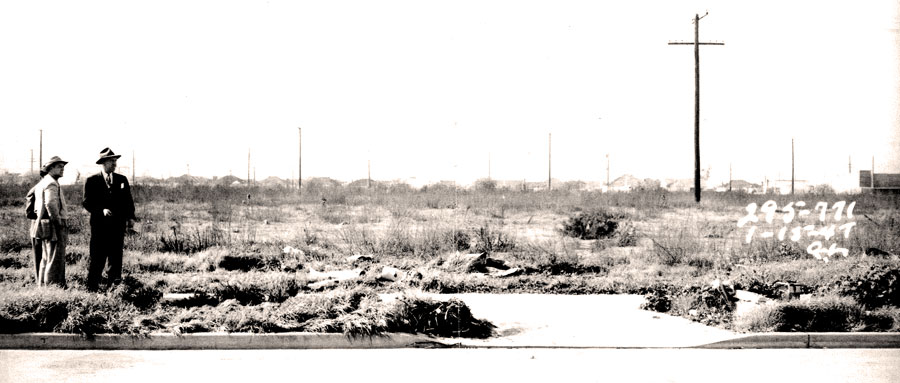 Two men in formal attire standing on an empty lot overgrown with grass and weeds, with utility poles in the background.
