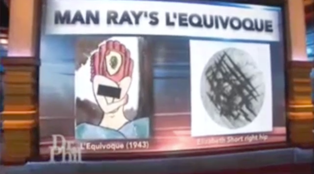 An image displaying two artworks titled 'L'Equivoque' by Man Ray on the left, featuring a colorful abstract depiction of a face with a hand, and a black and white sketch on the right identified as 'Elizabeth Short right hip.'