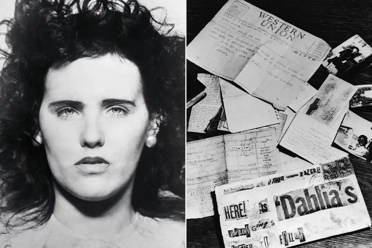 Black and white image of a woman with dark, curly hair and serious expression on the left, alongside a collection of old letters and documents on the right.