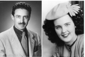 A black and white portrait of a man in a suit and tie on the left, and a woman with curly hair wearing a stylish hat on the right.