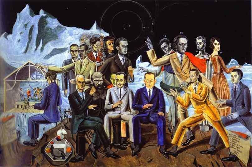 A colorful group painting featuring multiple figures, some seated and others standing, engaged in various activities and discussions, set against a dramatic background of mountains and abstract shapes.