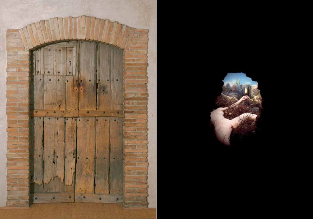 A rustic wooden door with an arched brick frame, juxtaposed with a dark background featuring a hand reaching through a hole revealing a surreal landscape.