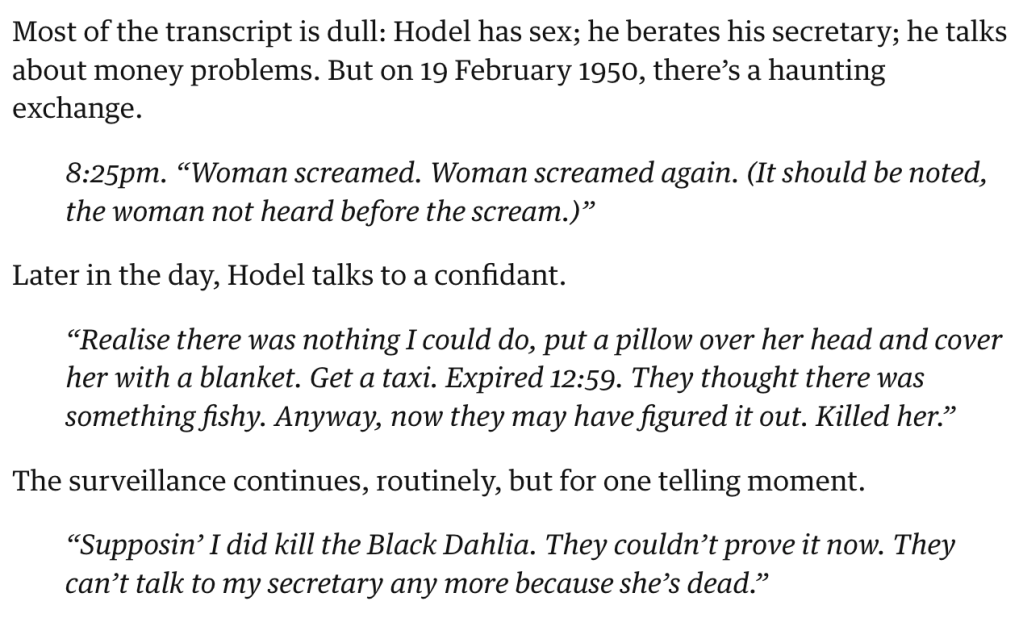 Text excerpt from a transcript discussing a conversation involving a woman screaming and implications of a crime, including references to the Black Dahlia case.