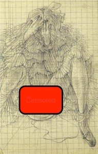 A sketched figure sitting on the floor, with hands covering their face, surrounded by intricate, abstract lines. A red censorship block is overlayed in the center.